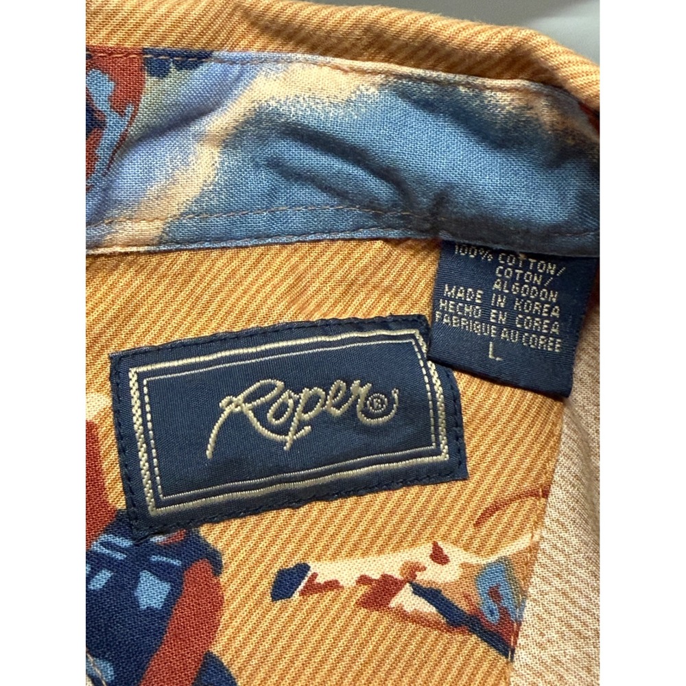 Roper Mens Western Shirt Large Blue Tan Rodeo Cowboy Graphic Pearl Snap Cotton - Picture 4 of 7